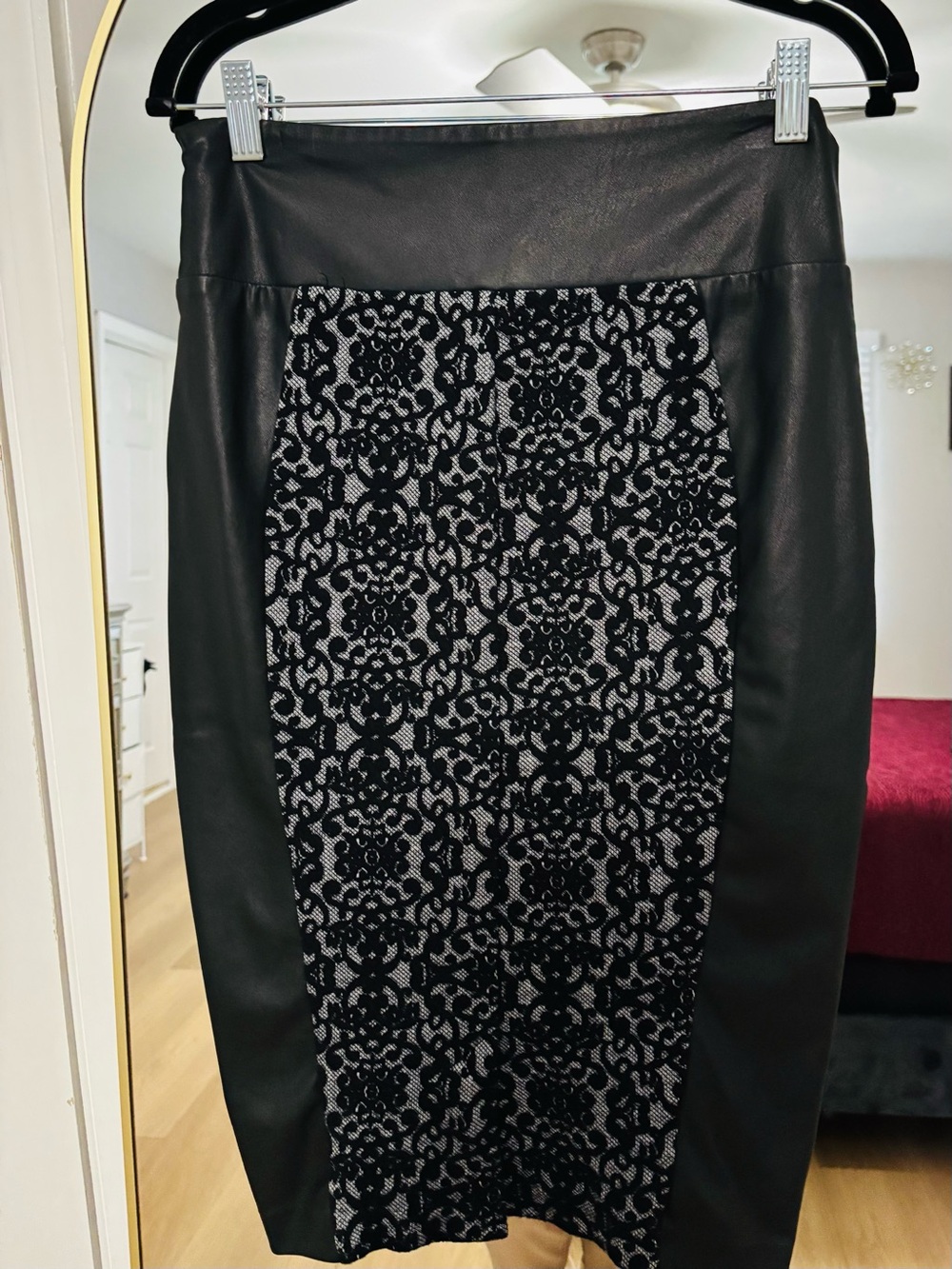 Thalia Sodi Black Faux Leather Pencil Skirt with Black-and-White Lace Panel